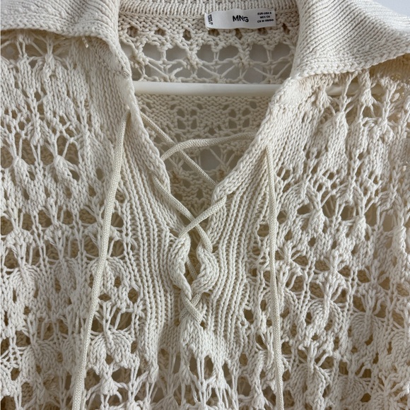 MANGO Cream Openwork Holbox Sweater Crochet Open Knit Lace Up Polo Top S - Picture 6 of 6